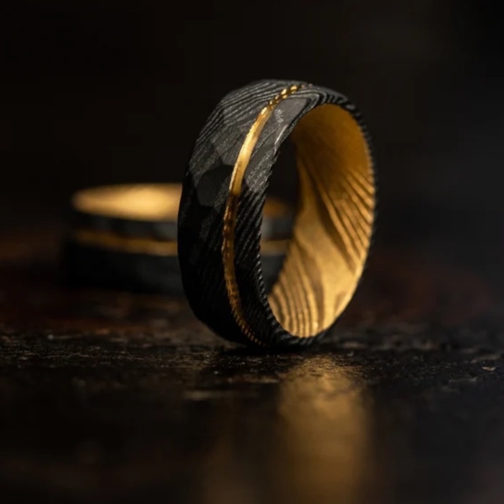 Black Hammered Damascus Yellow gold steel Ring